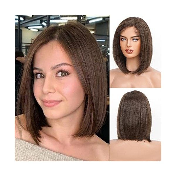 HAIRCUBE Brown Lace Bob Perruques Pour Femmes Longueur Dépaule Perruque Synthétique Naturelle Avec Frange Pour un Usage Quot