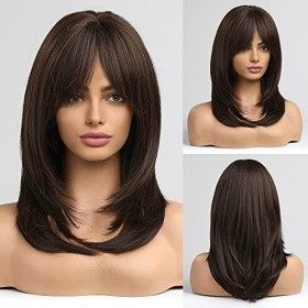 HAIRCUBE Nature Lograves de femmes brunes foncées brunes foncées Perruques synthétiques pour les femmes avec une bangs Nature