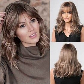 HAIRCUBE Perruques longues bouclées marron clair pour femme avec frange