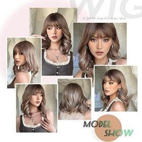 HAIRCUBE Perruques longues bouclées marron clair pour femme avec frange