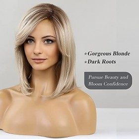 HAIRCUBE Perruque blonde avec racines foncées pour femme - Longueur épaule - Cheveux synthétiques dégradés