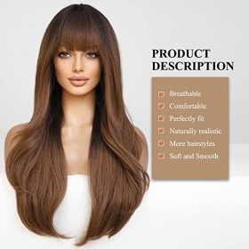 Haircube - Perruque longue marron foncé avec racines foncée pour femme, cheveux synthétiques ondulés avec frange pour un usag