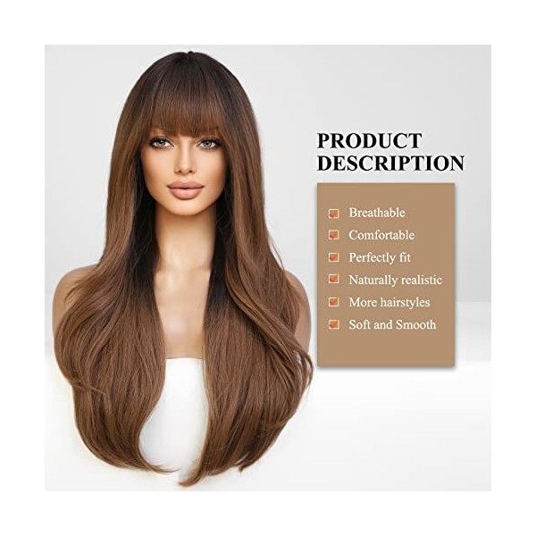 Haircube - Perruque longue marron foncé avec racines foncée pour femme, cheveux synthétiques ondulés avec frange pour un usag