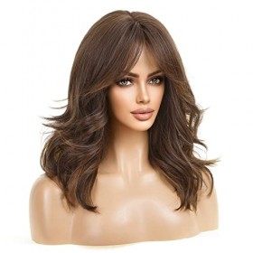 HAIRCUBE Perruques Brunes pour Femmes Perruque Synthétique de Cheveux Bouclés avec Frange