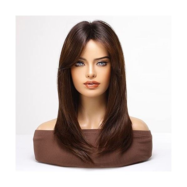 HAIRCUBE Perruques Longues Marron Rougeâtre pour Femme, Perruque de Cheveux Synthétiques avec Frange pour Un Usage Quotidien