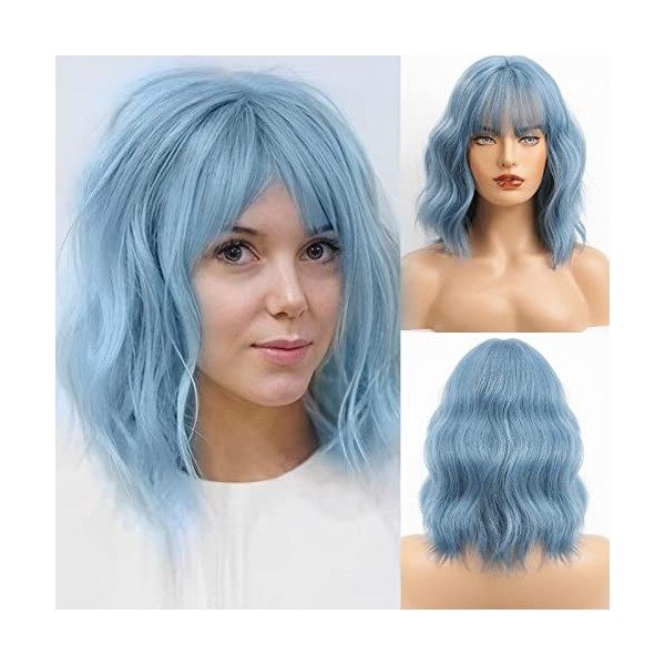 HAIRCUBE Ombre Bleu Perruques pour Femme, Longueur dÉpaule Synthétique Haze Blue Hair Wig avec Frange