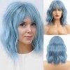 HAIRCUBE Ombre Bleu Perruques pour Femme, Longueur dÉpaule Synthétique Haze Blue Hair Wig avec Frange