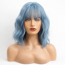HAIRCUBE Ombre Bleu Perruques pour Femme, Longueur dÉpaule Synthétique Haze Blue Hair Wig avec Frange