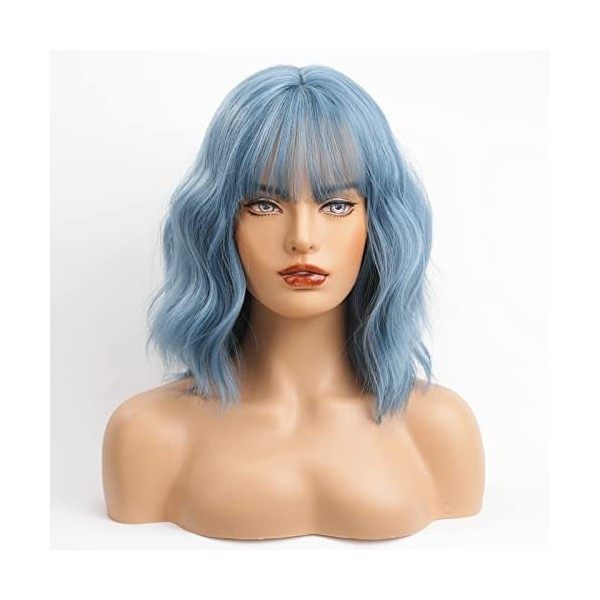 HAIRCUBE Ombre Bleu Perruques pour Femme, Longueur dÉpaule Synthétique Haze Blue Hair Wig avec Frange