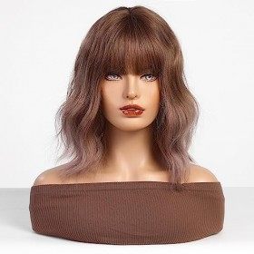 HAIRCUBE Ombre Rose Perruques pour Femmes, Longueur dÉpaule Synthétique Fleur de Cerisier Rose Perruque de Cheveux avec Fran