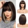 HAIRCUBE Brown Bob Perruques pour Femmes avec des Reflets gris, Perruque de Cheveux Synthétiques Longueur épaule avec Frange