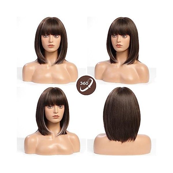 HAIRCUBE Brown Bob Perruques pour Femmes avec des Reflets gris, Perruque de Cheveux Synthétiques Longueur épaule avec Frange