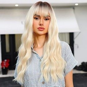 HAIRCUBE Perruques Longues En Platine pour Femmes avec des Racines Foncées, Perruque de Cheveux Synthétiques Bouclés avec Une