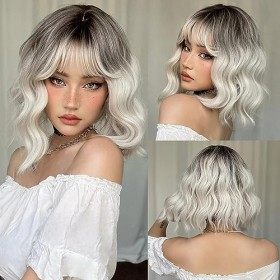 BECUS 12inch Short Platinum Hair Wig for Women perruque avec BangsWhite Wig Cheveux synthétiques, Ondulation naturelle de le