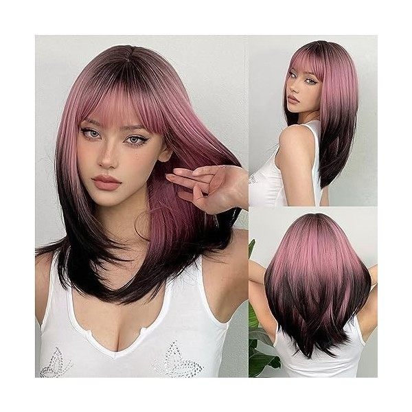 Perruques longues droites pour femmes, perruques de cheveux synthétiques Ombre Rose à Noir avec pour Quotidien/Fête/Cosplay w