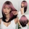 Perruques longues droites pour femmes, perruques de cheveux synthétiques Ombre Rose à Noir avec pour Quotidien/Fête/Cosplay w