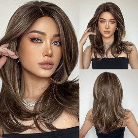 EMMOR Femmes Natuaral Synthétique Gradual Légèrement biaisé à lextérieur Frange française avec perruque en fibres synthétiqu