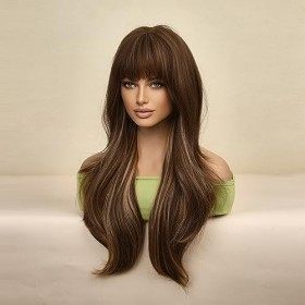EMMOR Perruques synthétiques longues ondulées naturelles pour femmes pour perruque brune dorée dégradée avec frange, 26 pouce