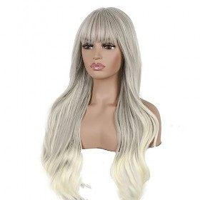 Perruques pour femmes Perruques longues bouclées avec frange Perruques synthétiques en fibres résistantes à la chaleur A