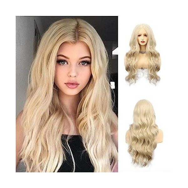 Perruques ondulées blondes, perruques Lace Front pour femme, perruque synthétique de qualité supérieure 100% importée or cla