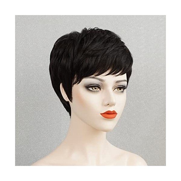 TANGCAI Pixie Wig Perruque de cheveux humains courts avec frange - Couleur noire - Sans colle - Cheveux humains brésiliens Re