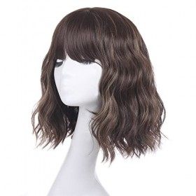 Leeven 14 Pouces Curly Wig with Bangs Natural Wave Hair Ombre Curly Wigs for Woman Short Bob Wig with Fringe Fancy Dress Part