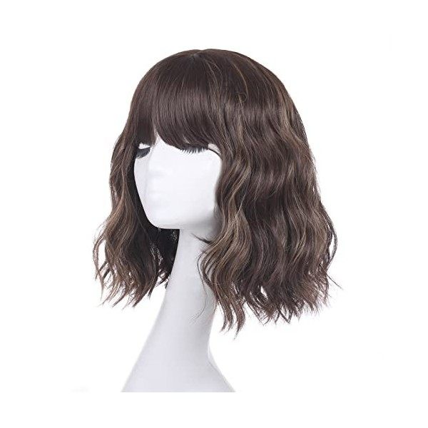 Leeven 14 Pouces Curly Wig with Bangs Natural Wave Hair Ombre Curly Wigs for Woman Short Bob Wig with Fringe Fancy Dress Part