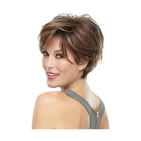 Queentas Perruque Courte Mixte Blonde Pixie Perruque Couche Nature Cheveux avec Frange Perruque Synthétique Résistante À La C