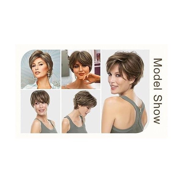 Queentas Perruque Courte Mixte Blonde Pixie Perruque Couche Nature Cheveux avec Frange Perruque Synthétique Résistante À La C