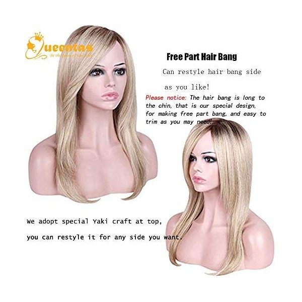 Queentas Naturel Droit Cendre Blond Ombre WIg Avec Bang Pour Les Femmes Racines Brun Foncé Résistant À La Chaleur Postiches S