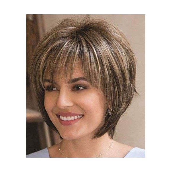 SEVENCOLORS Short Curly Wigs for Women Mix Brown Bob Hair Wigs with Bangs Natural Looking Synthetic Daily Party Wig with Free