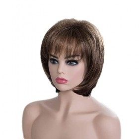SEVENCOLORS Short Curly Wigs for Women Mix Brown Bob Hair Wigs with Bangs Natural Looking Synthetic Daily Party Wig with Free