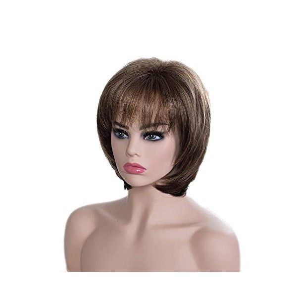 SEVENCOLORS Short Curly Wigs for Women Mix Brown Bob Hair Wigs with Bangs Natural Looking Synthetic Daily Party Wig with Free