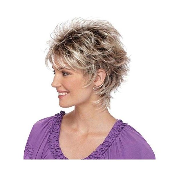 perruque femme, Perruque courte, Perruques blondes courtes Cheveux Brown Couche Puffy Heat Résistant Cheveux Pièces de cheveu