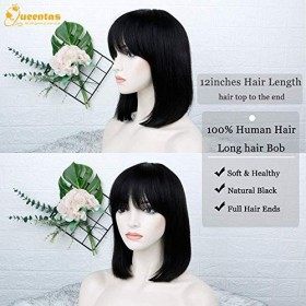 Queentas Perruque faite ¨¤ la machine 100 % cheveux humains br¨¦siliens, densit¨¦ 150 % - 30,5 cm, Noir naturel 1B
