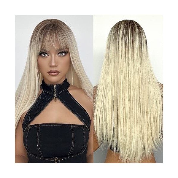 REVIVI Blond Clair Perruque avec Franges pour les Femmes Synthétique Fibre Résistant à la Chaleur Naturelle Longue Droite Omb