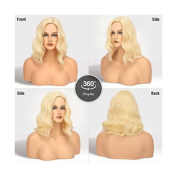 FESHFEN Courte Bob Blonde Perruque, Ondulé Courte Perruque Synthétique Perruques Femmes Cheveux Naturels Perruque Wavy Bob Wi