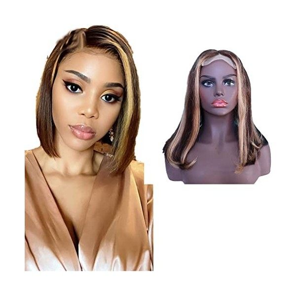 JcziJcx Perruque Naturelle Human Hair Wig Ombre Highlight Wig Bob Wig 4x4 Lace Closure Wig Peruvian Remy Hair Wig Straight Wi