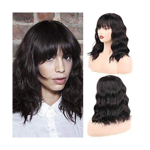 Huarisi 14”Synthetic Bob Wig Natural Short Hair with Middle Part Fringe Bangs Heat Resistant Synthetic Hair Wigs with Simulat