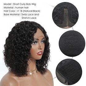 Perruque Femme T Part Curly Lace Front Bob Perruque Cheveux Humains 150% Densité Bresilienne Vierge Remy Hair Femmes Curly Bo