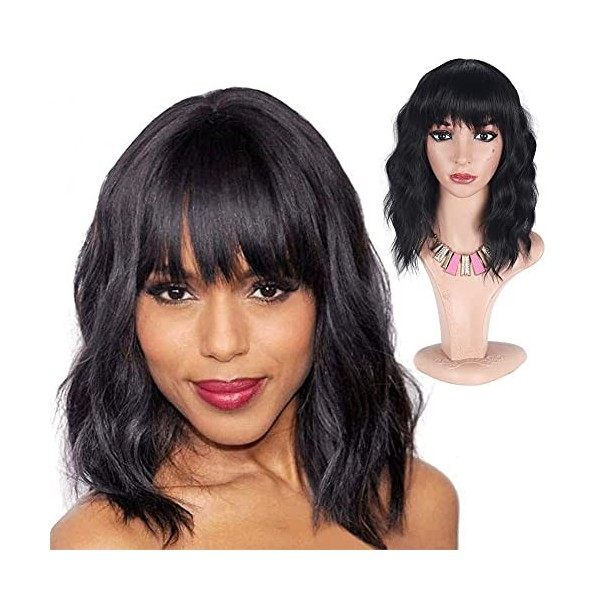 Greenmirr Short Perruque noire BOB Wavy Wigs avec Bangs Cheveux Synthétiques Résistants À La Chaleur 12in Solid Black 