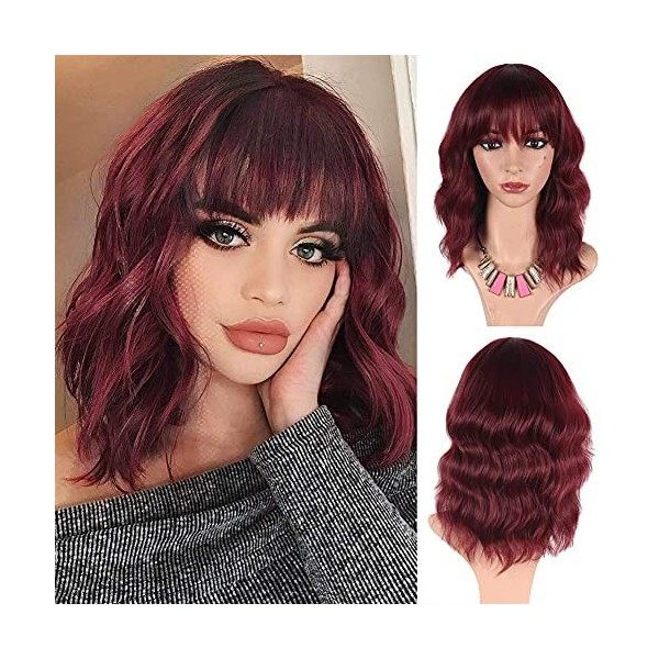 Greenmirr Short Perruque noire BOB Wavy Wigs avec Bangs Cheveux Synthétiques Résistants À La Chaleur 12in Solid Black 