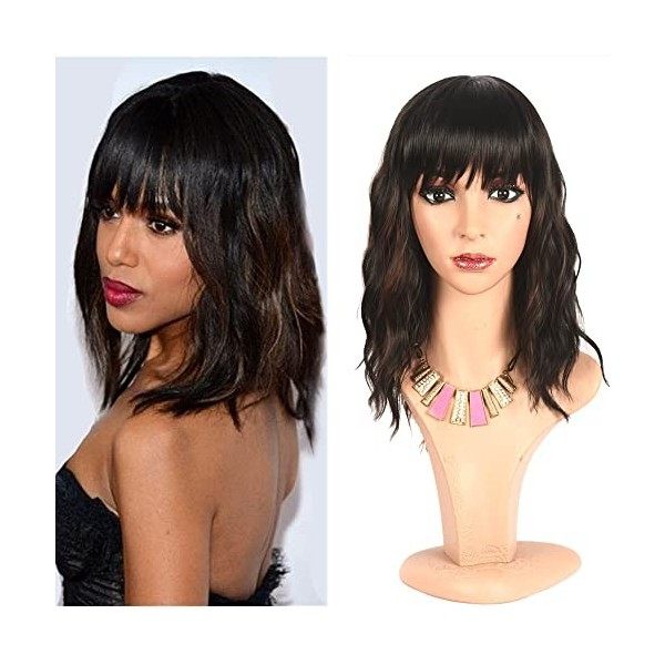 Greenmirr Short Perruque noire BOB Wavy Wigs avec Bangs Cheveux Synthétiques Résistants À La Chaleur 12in Solid Black 