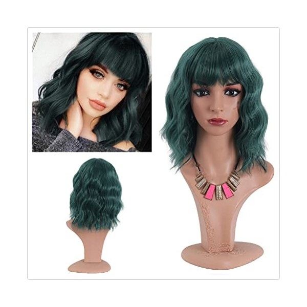 Greenmirr Short Perruque noire BOB Wavy Wigs avec Bangs Cheveux Synthétiques Résistants À La Chaleur 12in Solid Black 