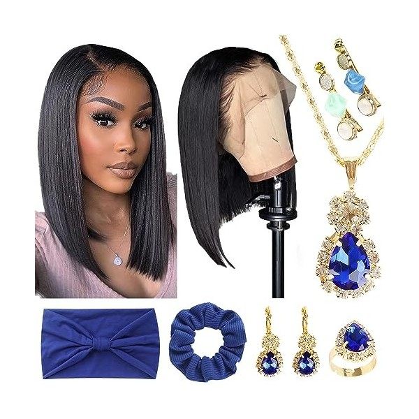 Perruque Femme Naturelle Brésilienne 13x4 Straight Bob Lace Front Wig 16 pouces avec cadeau Perruque de cheveux humains brési