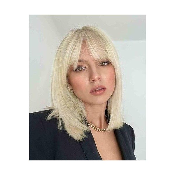 LEMEIZ White Blonde Short Wig with Fringe, Synthetic Hair Silver Blonde Short Bob Wig 10 inch LEMEIZ-200