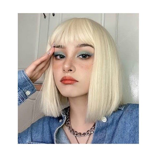 LEMEIZ White Blonde Short Wig with Fringe, Synthetic Hair Silver Blonde Short Bob Wig 10 inch LEMEIZ-200