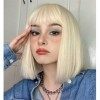 LEMEIZ White Blonde Short Wig with Fringe, Synthetic Hair Silver Blonde Short Bob Wig 10 inch LEMEIZ-200