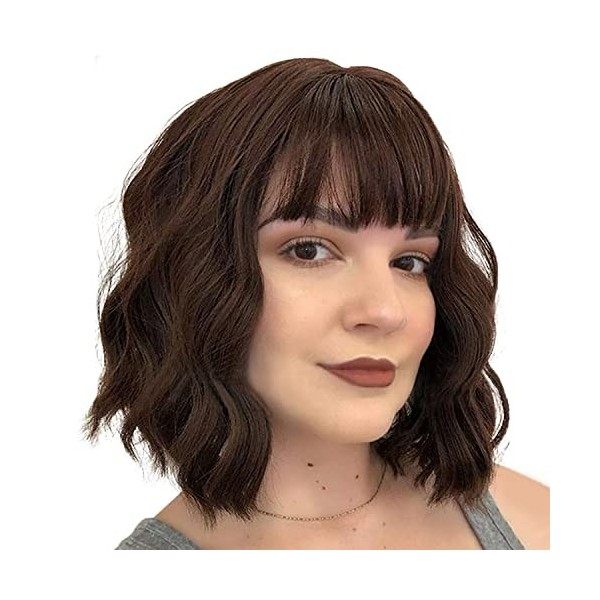 JessLab Bob Perruque avec Bang, Short Bob Wig Perruque Pour Femmes Bob Style Perruque Courte avec Bangs Résistante à la Chale