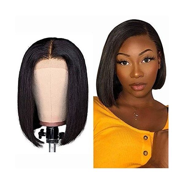 NIUDINNG Human Hair Wig Short Wig Bob 4x4 Lace Front Wigs Straight Wave Brazilian Remy Human Hair Natural Black Color Swiss L